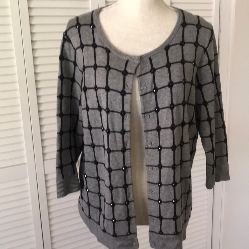 COLDWATER CREEK grey & black cardigan, 3/4 sleeves beaded decorations size PL 14